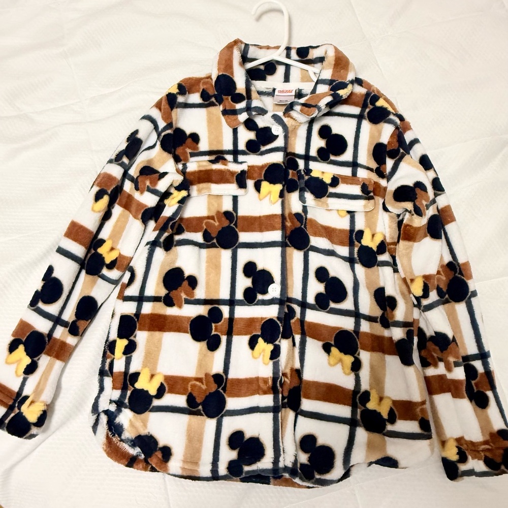 EUC Little Girl's Tan Plaid Disney Mickey Plush Fleece Overshirt Size M 7-8